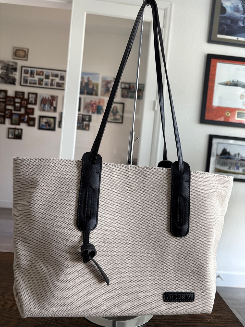 WEDN&ESDAY NWOT Tote Bag in Beige with Black Trim
